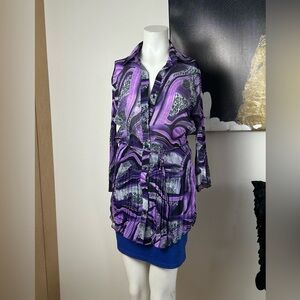 Purple Abstract Print Button-Front Tunic Shirt